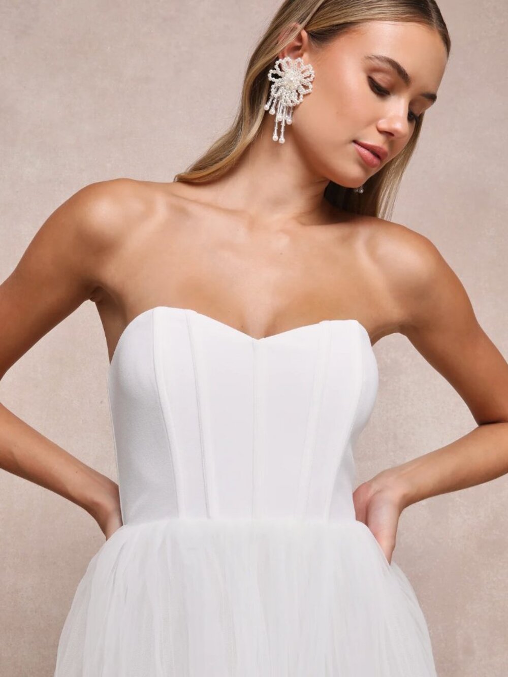 Lulu's White Tulle Tiered Strapless Gown